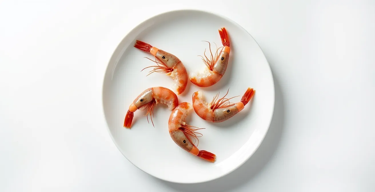 Vue environnementale minimaliste : crevettes fraîches alignées sur plateau minimaliste blanc avec éclairage naturel doux