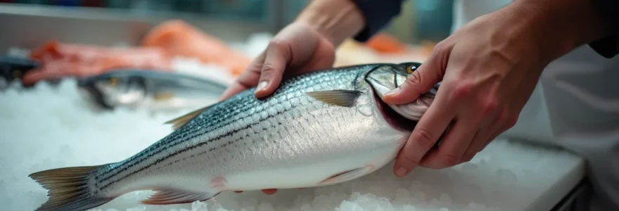 Inspection de qualité d'un poisson frais par un poissonnier expert au comptoir du marché
