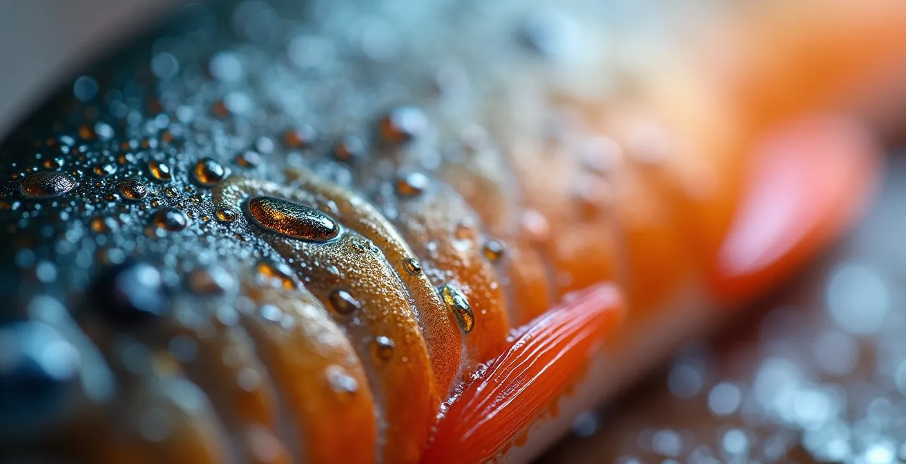 Gros plan détaillé sur les écailles brillantes et le mucus transparent d'un poisson frais