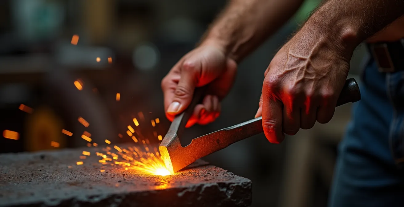 Mains d'artisan travaillant le métal avec outils traditionnels, étincelles et textures métalliques
