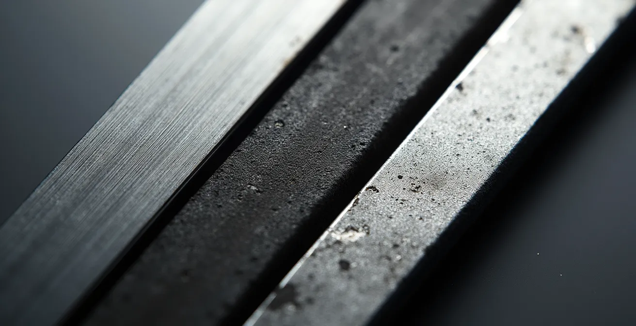 Détail macro de trois surfaces métalliques différentes montrant les textures et finitions variées