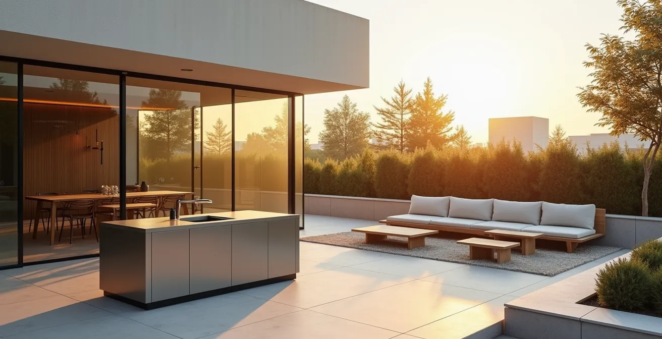 Configuration élégante d'une plancha sur terrasse moderne avec espace négatif architectural