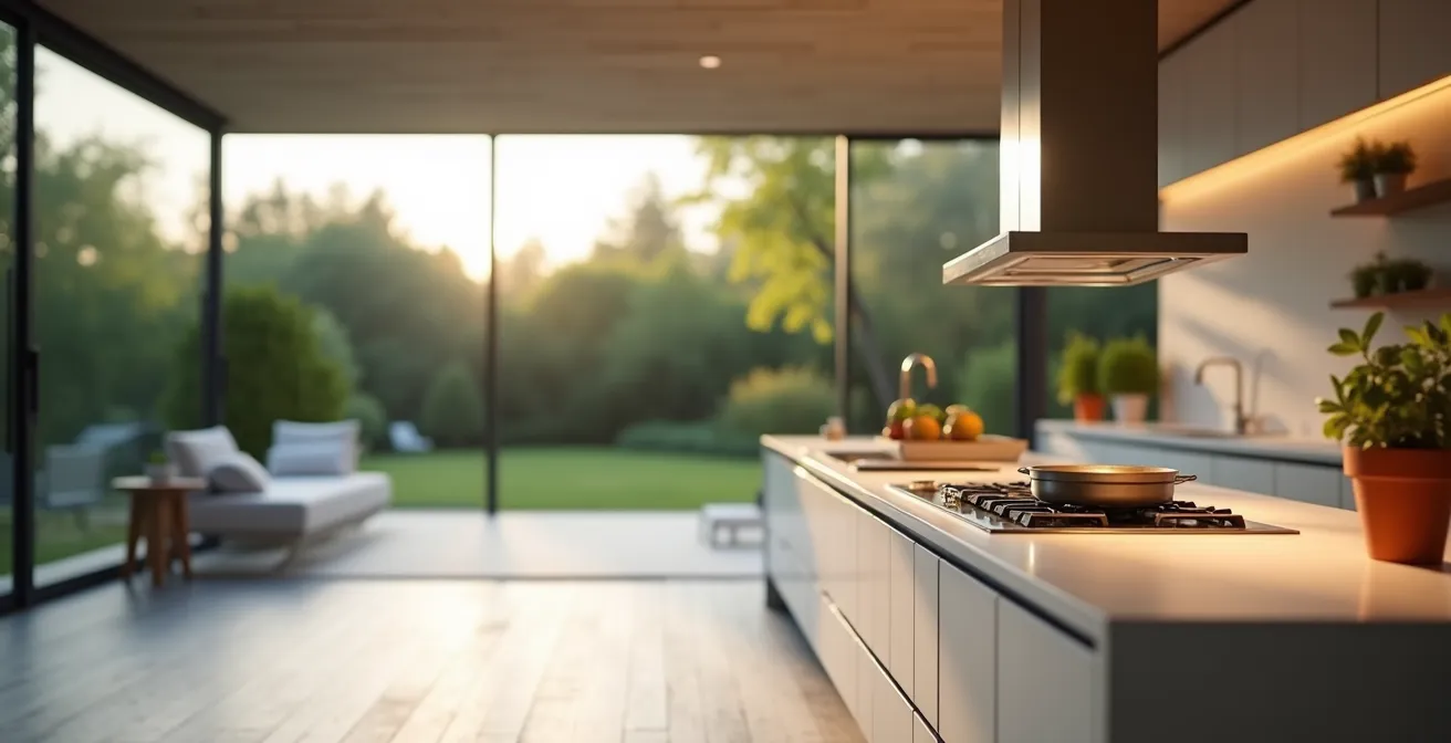 Vue large d'une terrasse moderne avec cuisine extérieure intégrée dans un environnement épuré