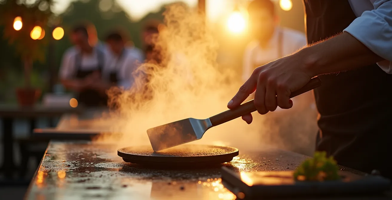 Mains d'un chef utilisant une spatule sur une plancha avec vapeur et lumière dorée