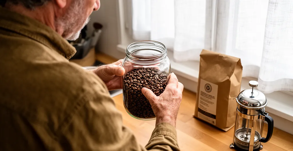 Personne vérifiant fraîcheur grains café dans bocal cuisine