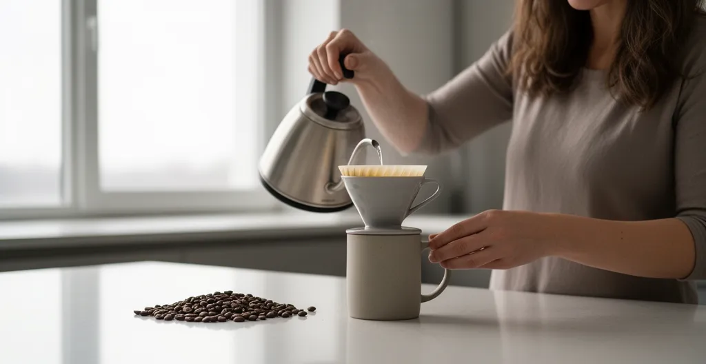 Préparation café pour-over méthode douce lumière matinale