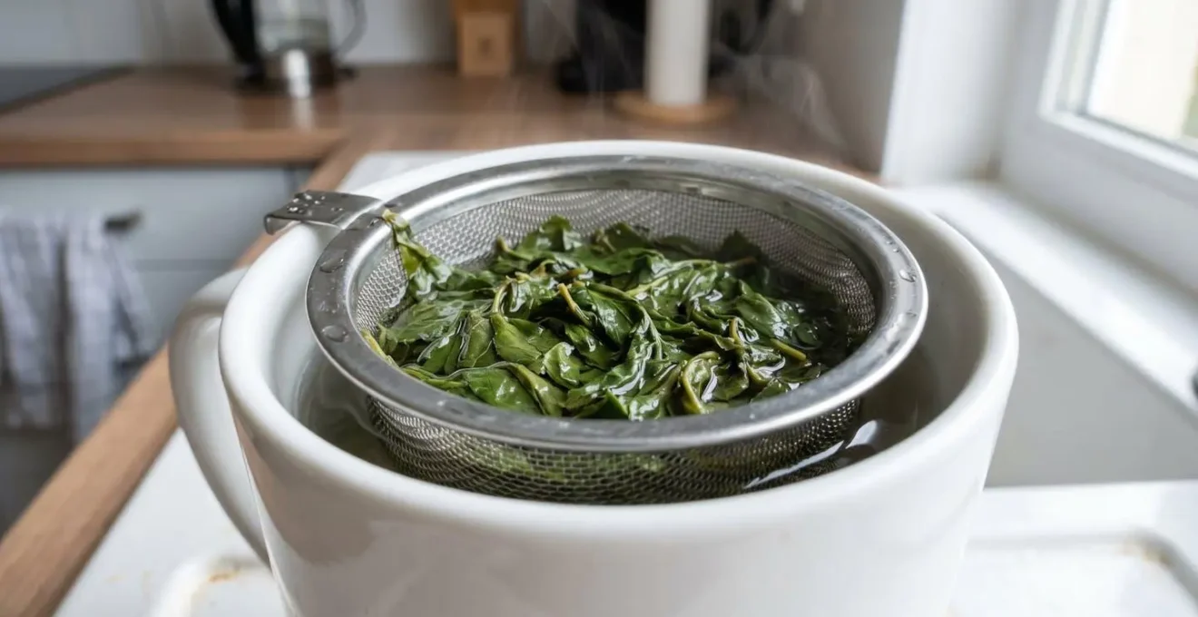 Gros plan rapproché sur des feuilles de thé vert dans un infuseur en acier inoxydable avec vapeur délicate s'élevant, arrière-plan flou doux, surface blanche