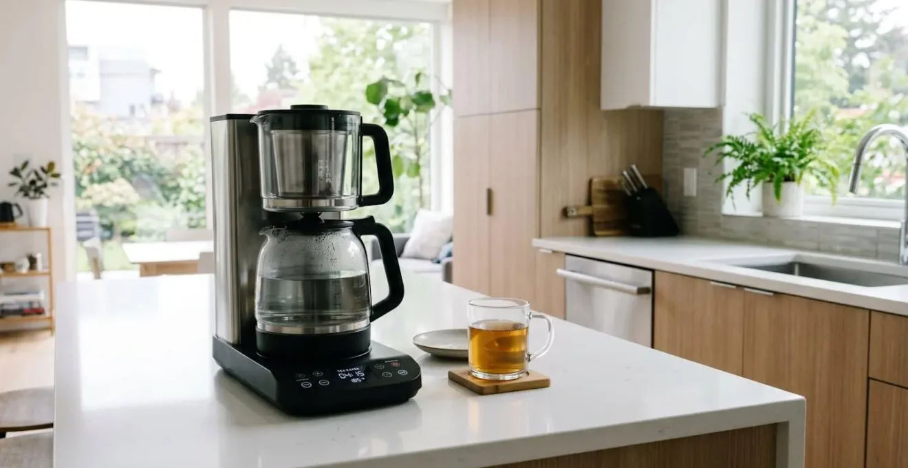 Une machine à thé électrique contemporaine de design épuré posée sur un plan de travail blanc immaculé dans une cuisine moderne baignée de lumière naturelle