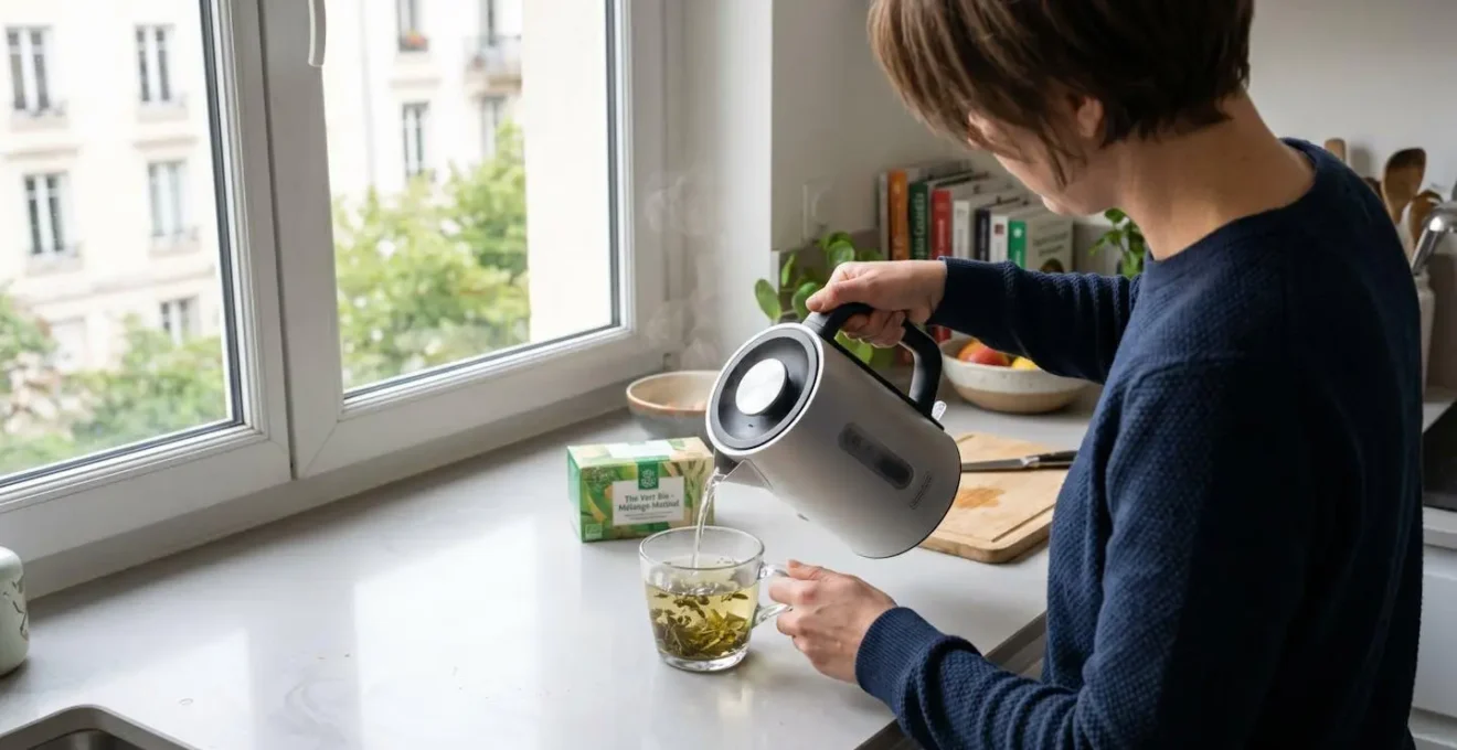 Une personne vue de dos verse de l'eau chaude d'une bouilloire électrique contemporaine dans une tasse transparente contenant des feuilles de thé vert, sur un plan de travail de cuisine claire
