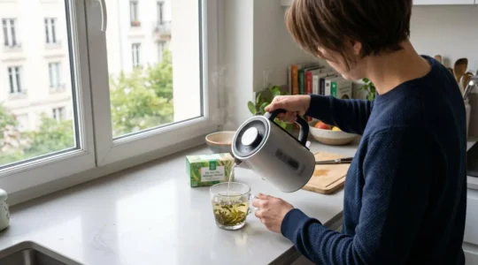 Une personne vue de dos verse de l'eau chaude d'une bouilloire électrique contemporaine dans une tasse transparente contenant des feuilles de thé vert, sur un plan de travail de cuisine claire