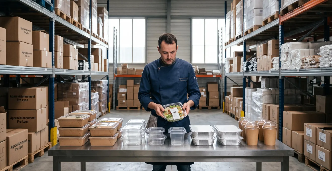 Un professionnel compare différents emballages alimentaires posés sur une table dans un entrepôt.