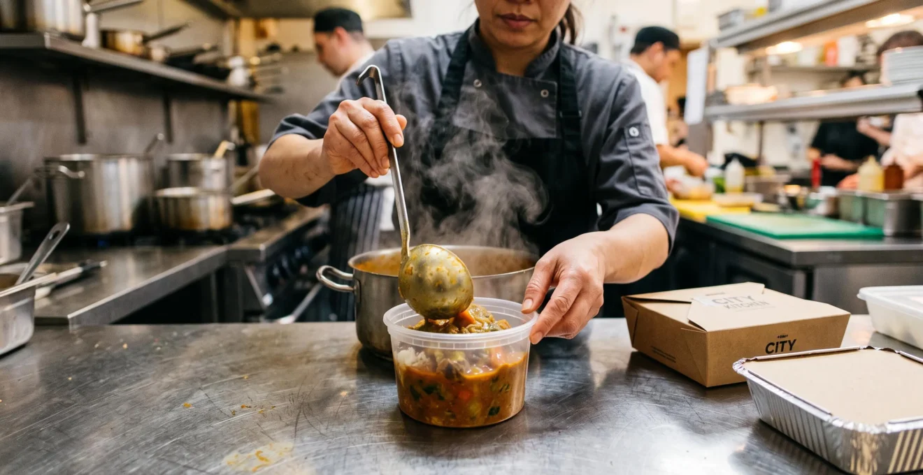 Un cuisinier remplit un barquette en plastique transparent dans une cuisine professionnelle.