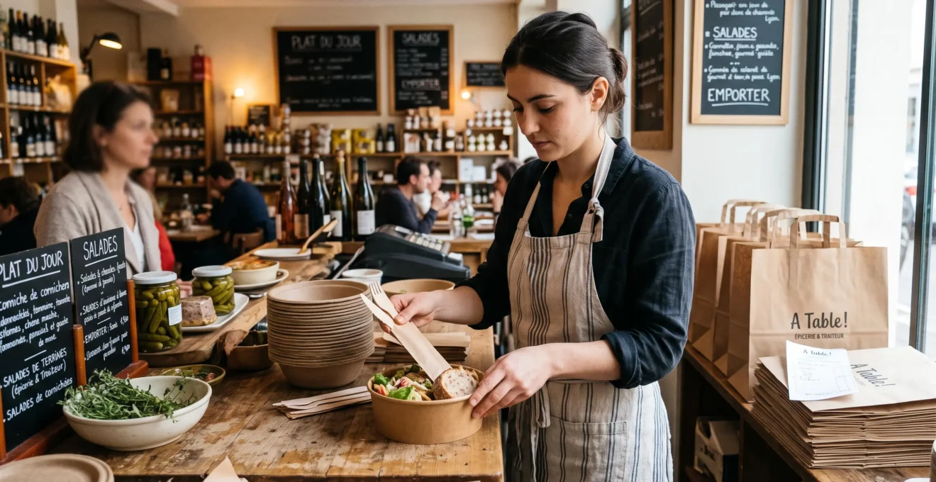 Une employée emballe une commande dans des barquettes fibre et couverts en bois à un comptoir.