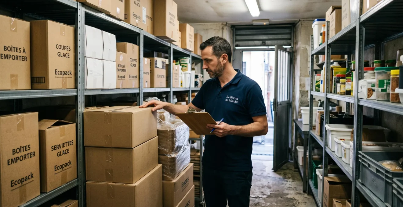 Un gérant vérifie les cartons d'emballages en stock dans une réserve de restaurant.